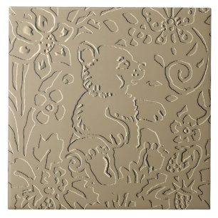 Beige Bear Cub Embossed Woodland Foliage Elegant Ceramic Tile