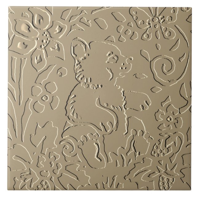 Beige Bear Cub Embossed Woodland Foliage Elegant Ceramic Tile (Front)