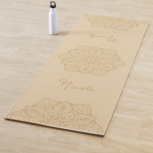 Beige Beautiful Mandala With Custom Name Yoga Mat (In Situ)