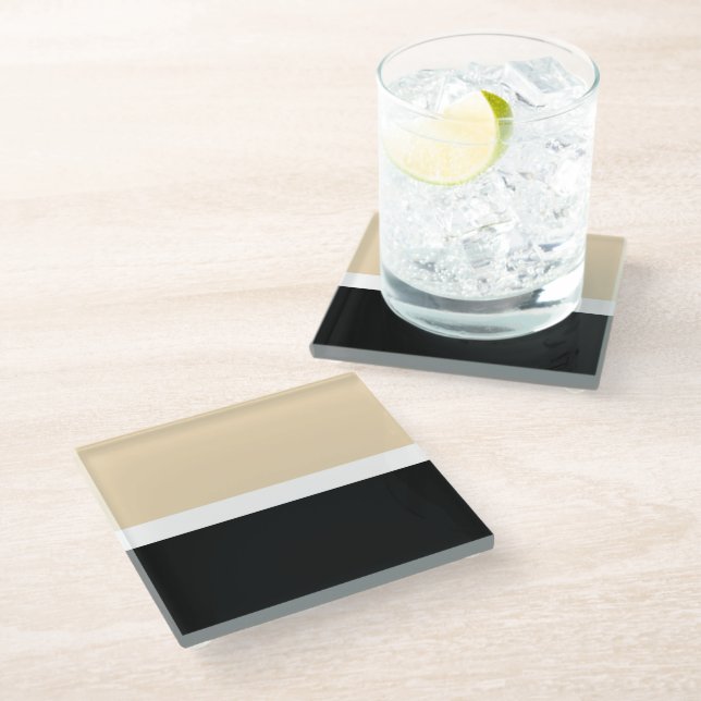 Beige Black Abstract Stripe Glass Coaster (Angled)