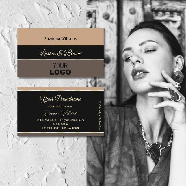 Beige Black and Brown Stripes Stylish with Logo Business Card (Creator Uploaded)