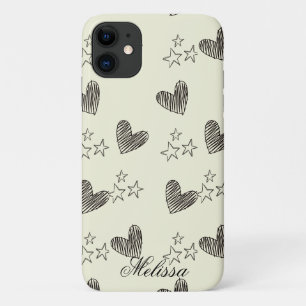 Beige Black and White Minimal Heart Stars Script  iPhone 11 Case
