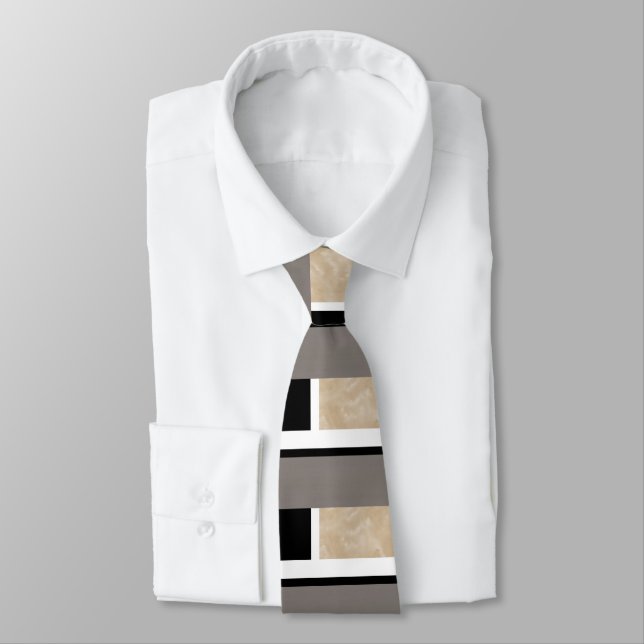 Beige Black and White Modern Tie (Tied)