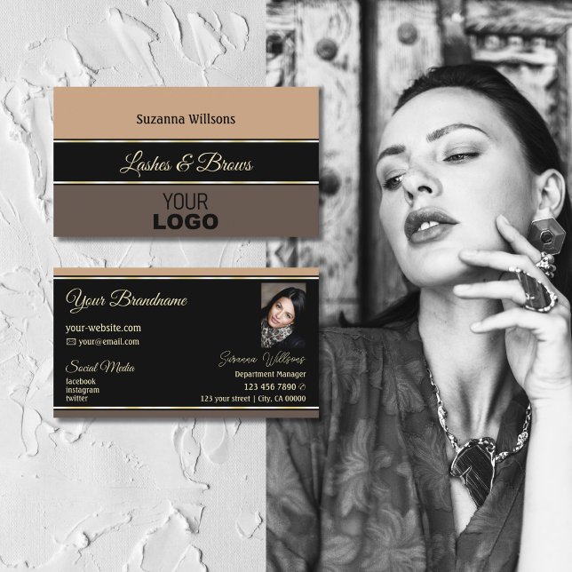 Beige Black Brown Stripes Chic with Logo and Photo Business Card (Creator Uploaded)
