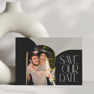 Beige Black Chic Modern Arch Photo Wedding Postcard