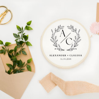 Beige & Black Elegant Personalised Wedding Logo Classic Round Sticker
