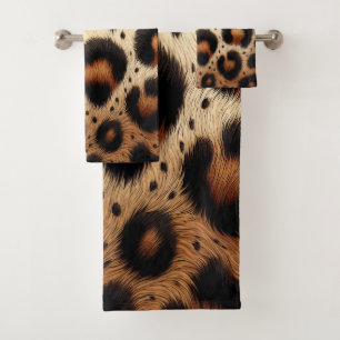Beige & Black Leopard Fur Animal Print Spots Bath Towel Set