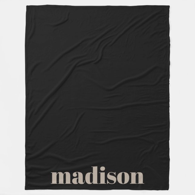 Beige Black Modern Monogram Personalised Name Fleece Blanket (Front)