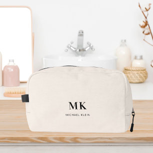 Beige black monogram initials name dopp kit