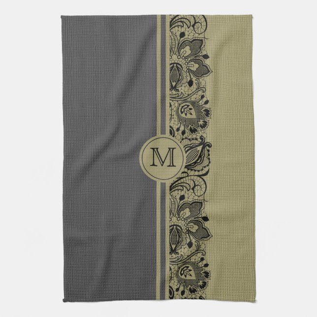 Beige & Black Natural Linen & Black Lace 2 Tea Towel (Vertical)