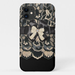 Beige & Black Rhinestone,Bows & Lace iPhone4 Case