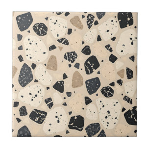Beige Black Terrazzo Pattern Neutral Abstract Ceramic Tile