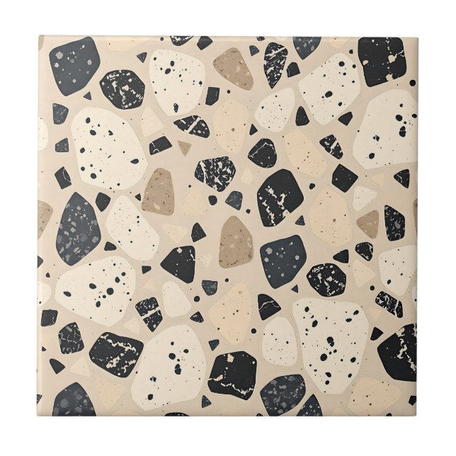 Beige Black Terrazzo Pattern Neutral Abstract  Ceramic Tile (Front)