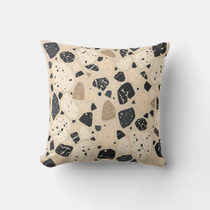 Beige Black Terrazzo Pattern Neutral Abstract Cushion