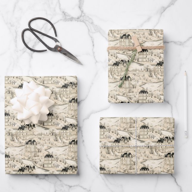 Beige & Black Toile Wrapping Paper Sheet (Front)
