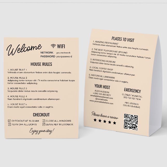 Beige Black Vacation Rental Wifi Rules Information (Front/Back)