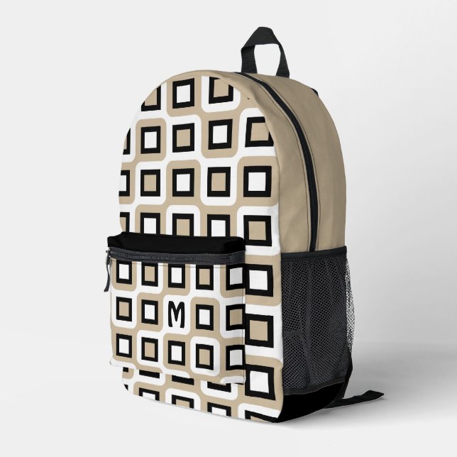 Beige Black White Midcentury Geometric Art Pattern Printed Backpack (Back Corner Right)