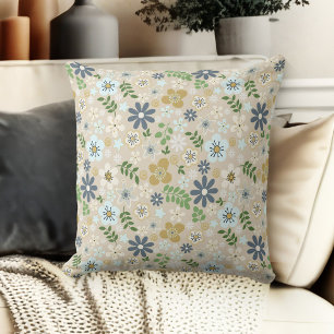 Beige Blue And Gold Floral Daisies Couch Cushion