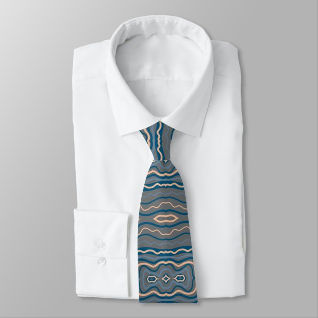 Beige Blue And Grey Alternating Pattern Design  Tie (Tied)
