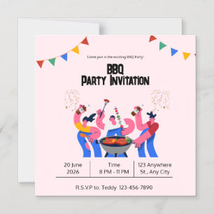 Beige Blue BBQ Magnetic Party Invite