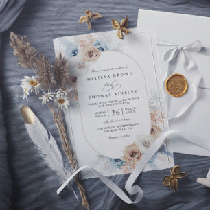 Beige Blue Boho Floral Rustic QR Code Wedding Invitation