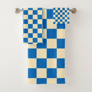 Beige + Blue Check Checkered Checkerboard Pattern Bath Towel Set