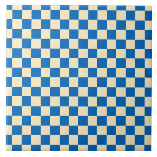 Beige + Blue Check Chequered Chequerboard Pattern Ceramic Tile