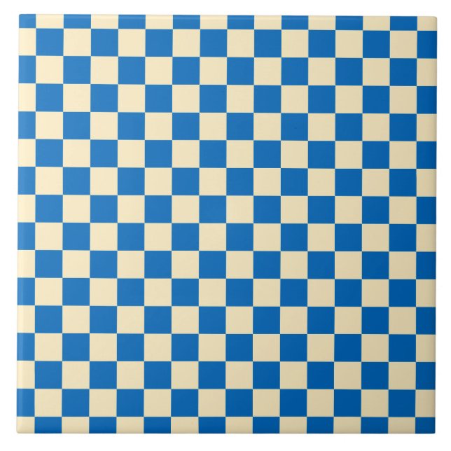 Beige + Blue Check Chequered Chequerboard Pattern Ceramic Tile (Front)