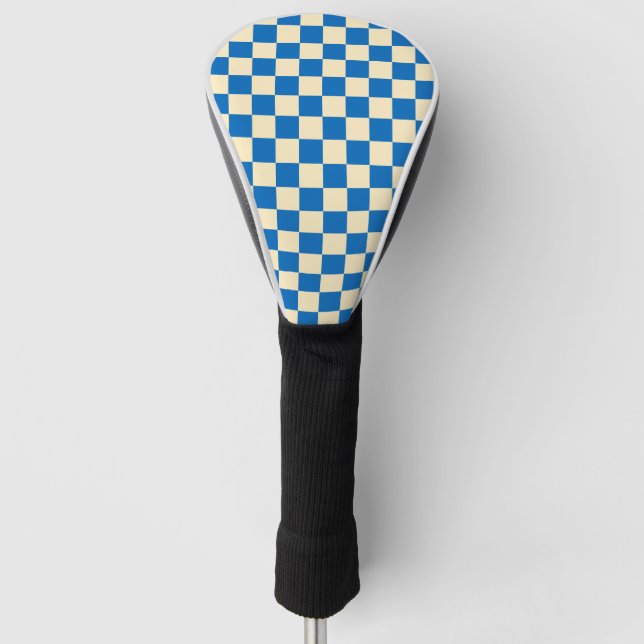 Beige + Blue Check Chequered Chequerboard Pattern Golf Head Cover (Front)