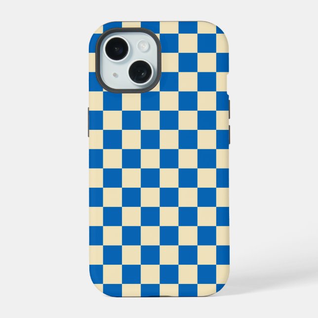 Beige + Blue Check Chequered Chequerboard Pattern iPhone 15 Case (Back)