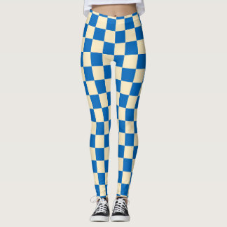 Beige + Blue Check Chequered Chequerboard Pattern Leggings