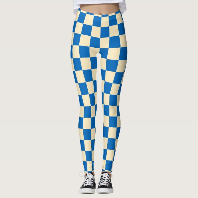 Beige + Blue Check Chequered Chequerboard Pattern Leggings (Front)