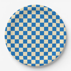 Beige + Blue Check Chequered Chequerboard Pattern Paper Plate