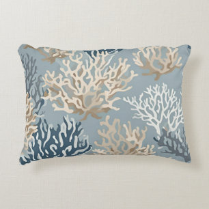 Beige Blue Coral Reef Sealife Ocean Coastal Decorative Cushion