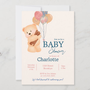 Beige Blue Cute Bear with Balloons Baby Shower Invitation