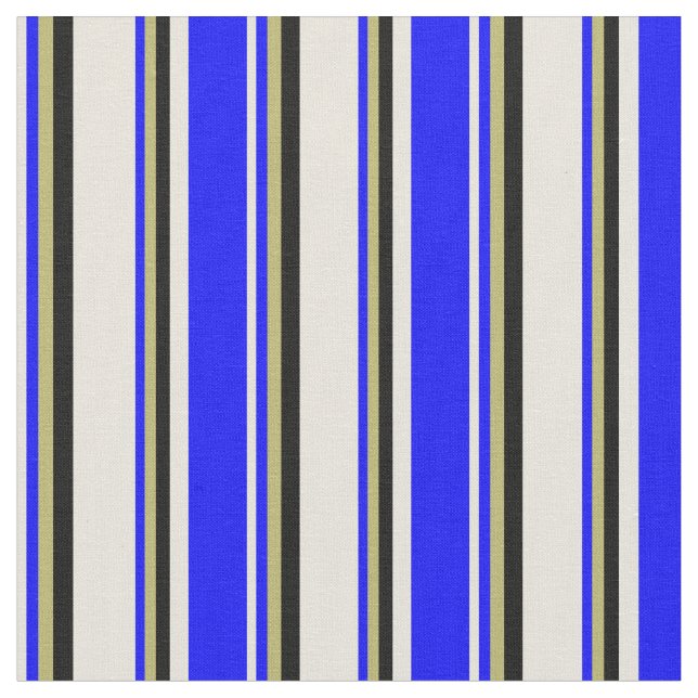 Beige, Blue, Dark Khaki & Black Coloured Stripes Fabric (Close Up)