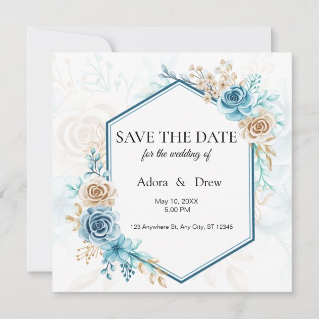 Beige blue Elegant Floral Wedding Save The Date (Front)