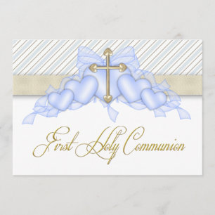 Beige Blue Gold Cross Boys Blue First Communion Invitation