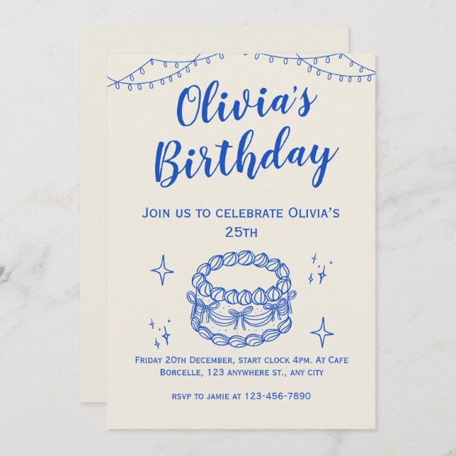Beige Blue Illustrative Birthday Invite (Front/Back)
