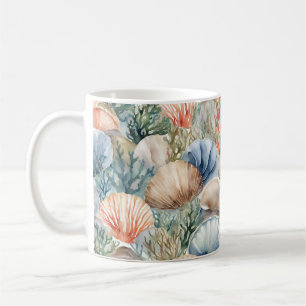 Beige Blue Sea Shells Beach Design in Watercolor  Coffee Mug