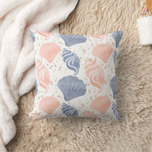 Beige Blue Seashell Beach House Lakeside Boho Cushion