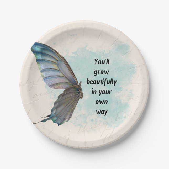 Beige Blue Vintage Butterfly 7" Round Paper Plate (Front)