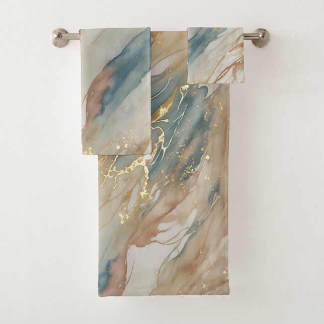 Beige & Blue Watercolor Abstract Marble Bath Towel Set (Insitu)