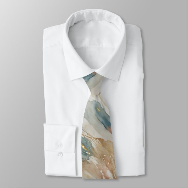 Beige & Blue Watercolor Abstract Marble Tie (Tied)