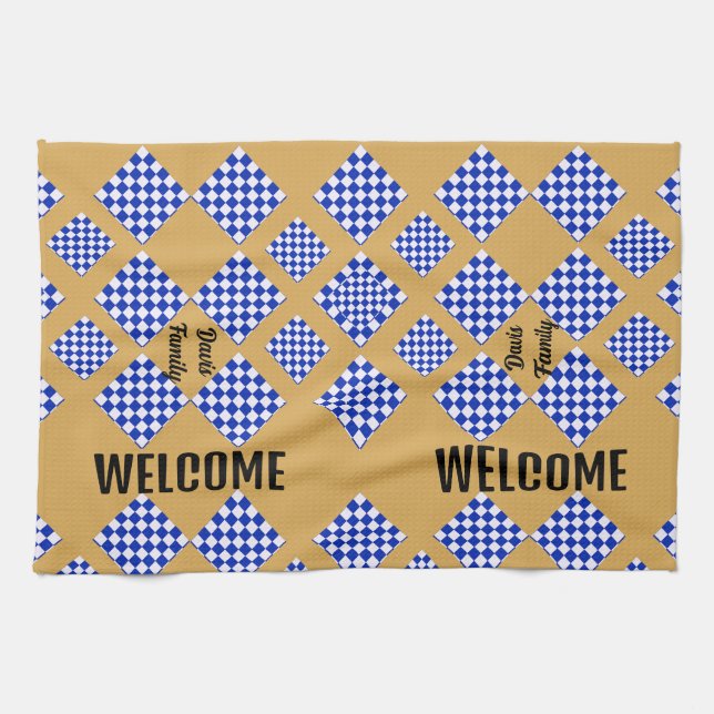Beige Blue White Chequered  Tea Towel (Horizontal)