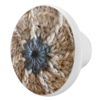 Beige Blue Yarn Photo Knitting Craft Room Crochet  Ceramic Knob