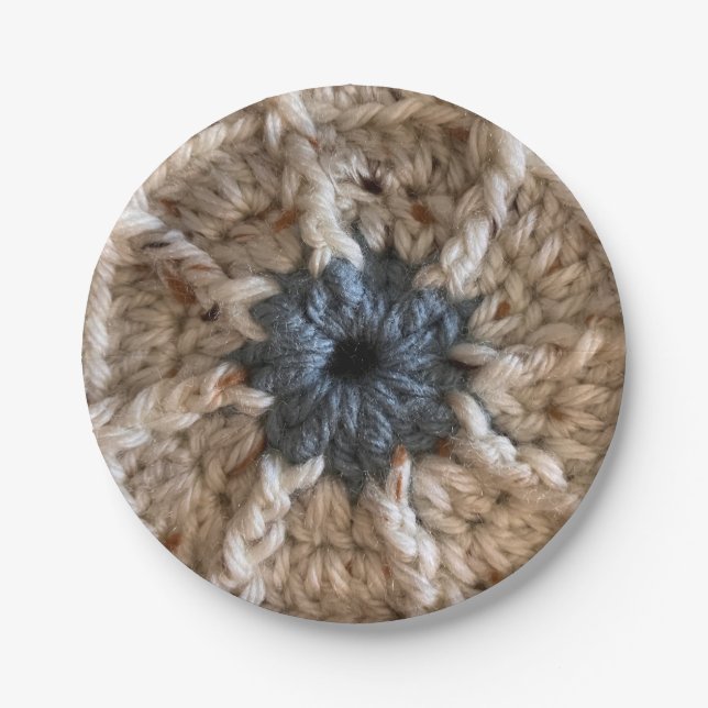 Beige Blue Yarn Photo Knitting Party Crochet  Paper Plate (Front)