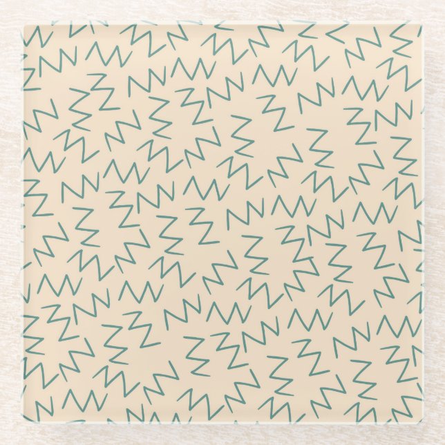Beige Blue Zig Zag Pattern Glass Coaster (Front)