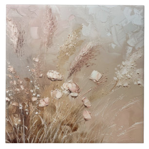 Beige Blush Boho Floral Ceramic Tile