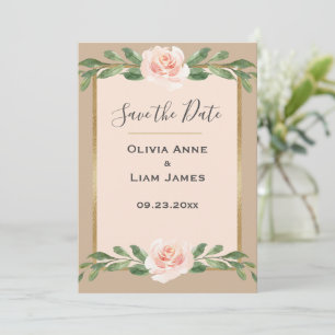 Beige Blush Floral Elegant Script Gold Wedding Save The Date